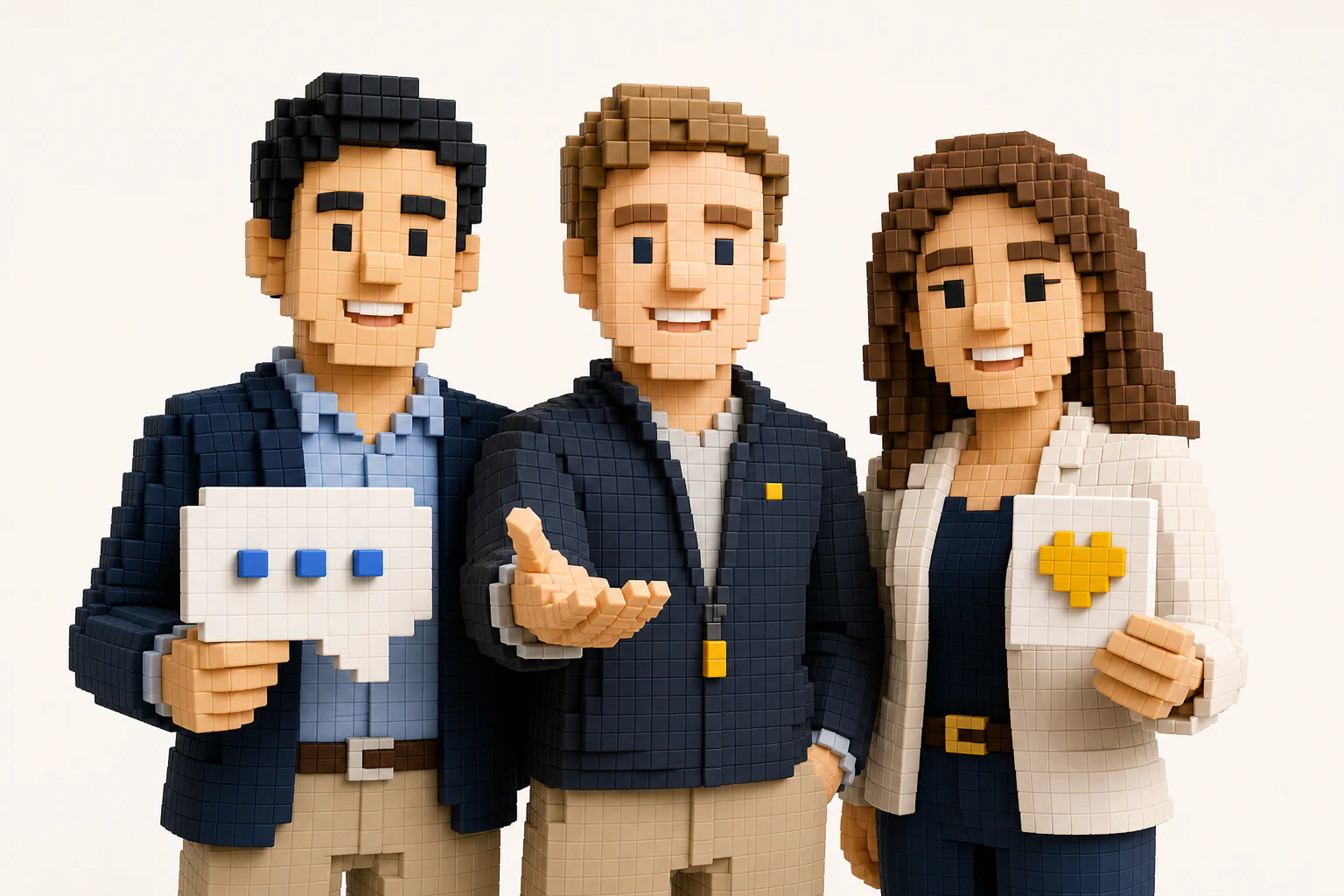 3D-Pixel-Beratungsteam mit Chat- und Herzsymbol
