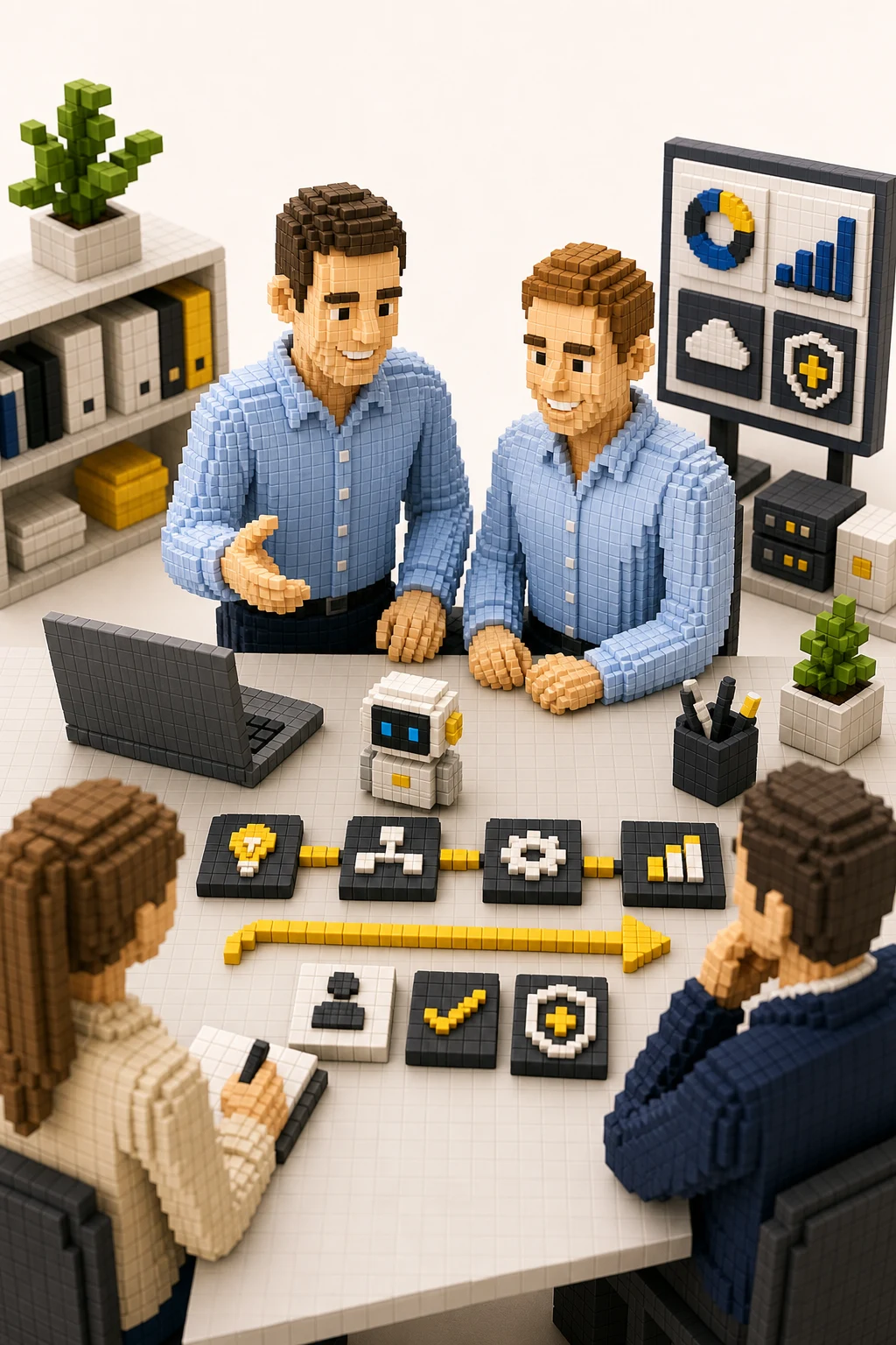 3D pixel-style founders workshop where Lukas and Florian guide customers through AI automation
