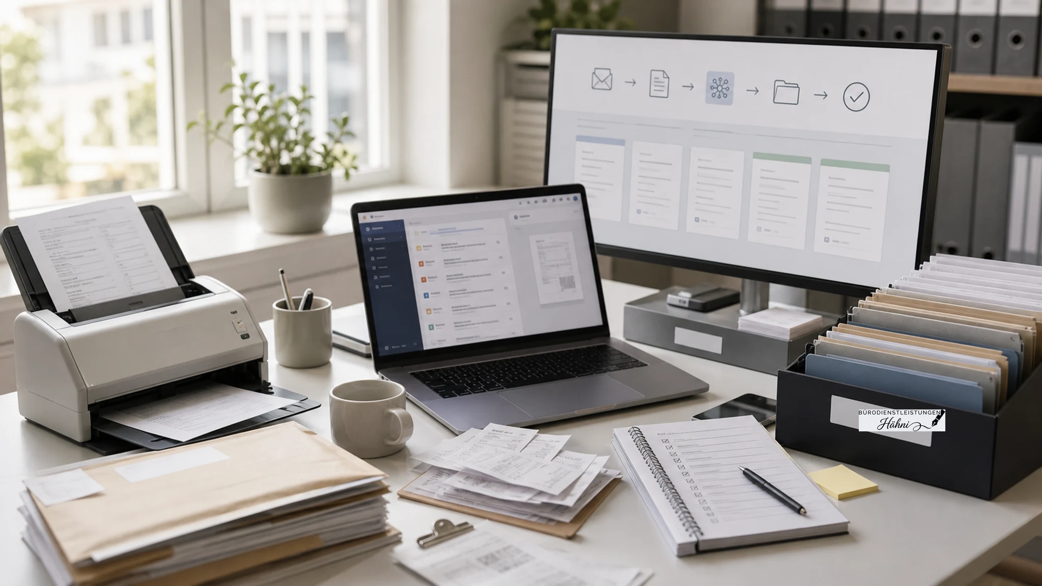 Document pipeline at Hähni Bürodienst with scanner, inbox and organized client paperwork.