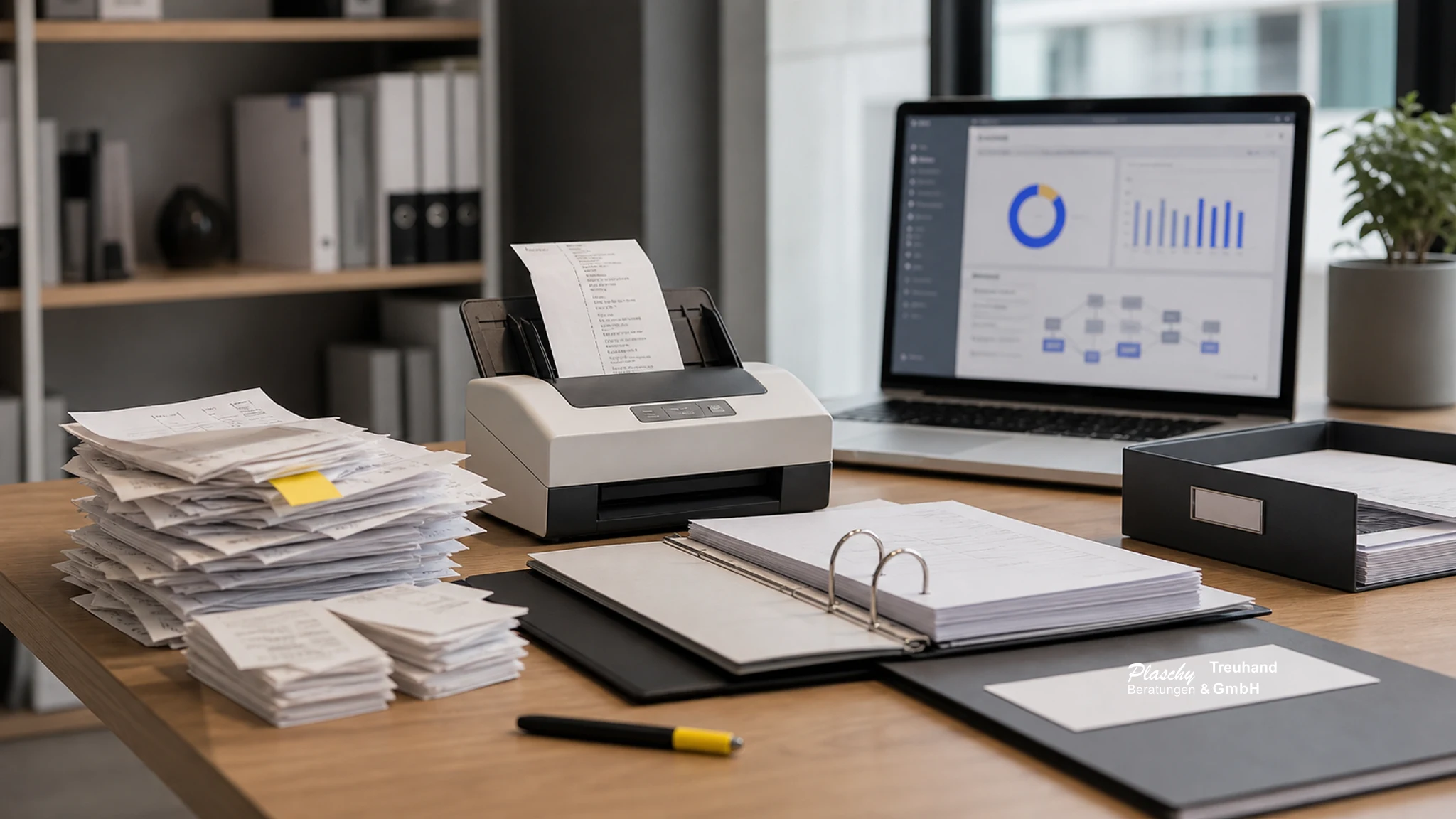 Automated receipt processing at Plaschy Treuhand: receipts, scanner and dashboard.