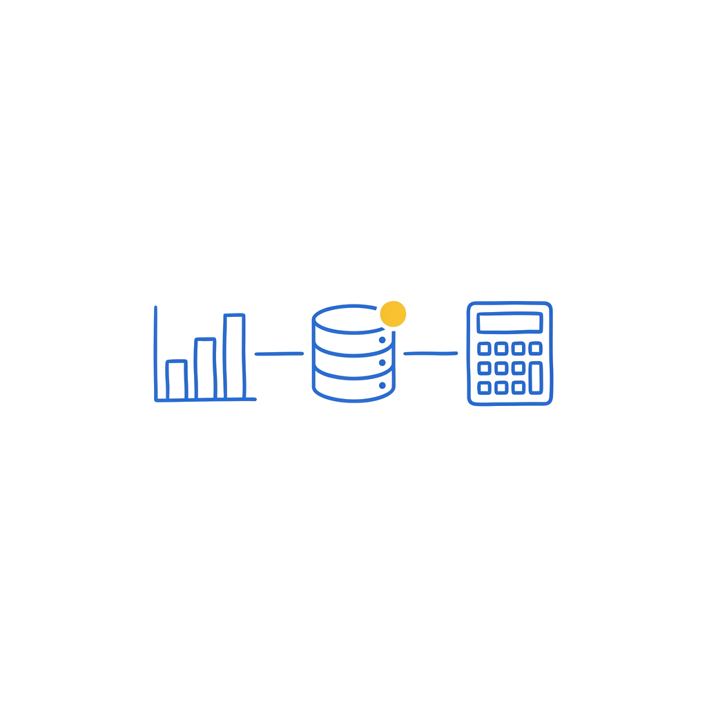 Minimalist blue marker sketch of balance charts and calculator on white background