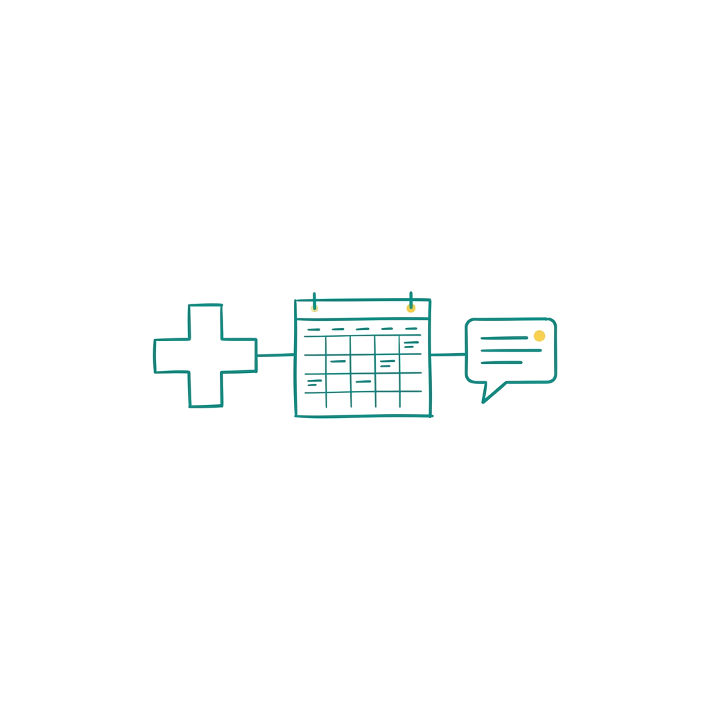 Minimalist teal marker sketch of medical portal and patient schedule calendar on white background