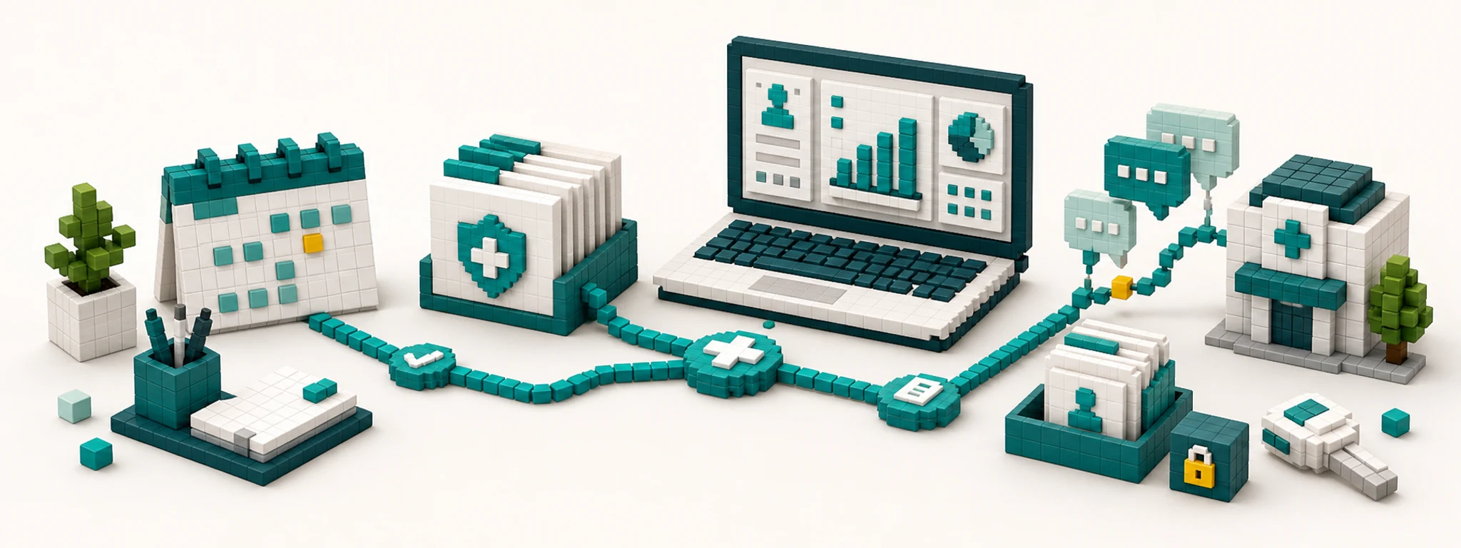 3D pixel-style healthcare administration and patient communication workspace