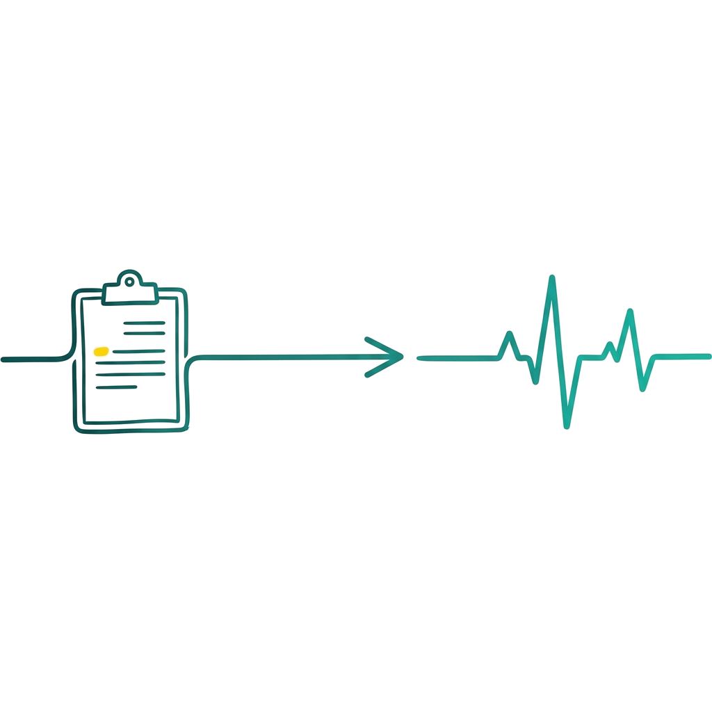 Minimalist teal marker sketch of medical workflows and treatment paths on white background