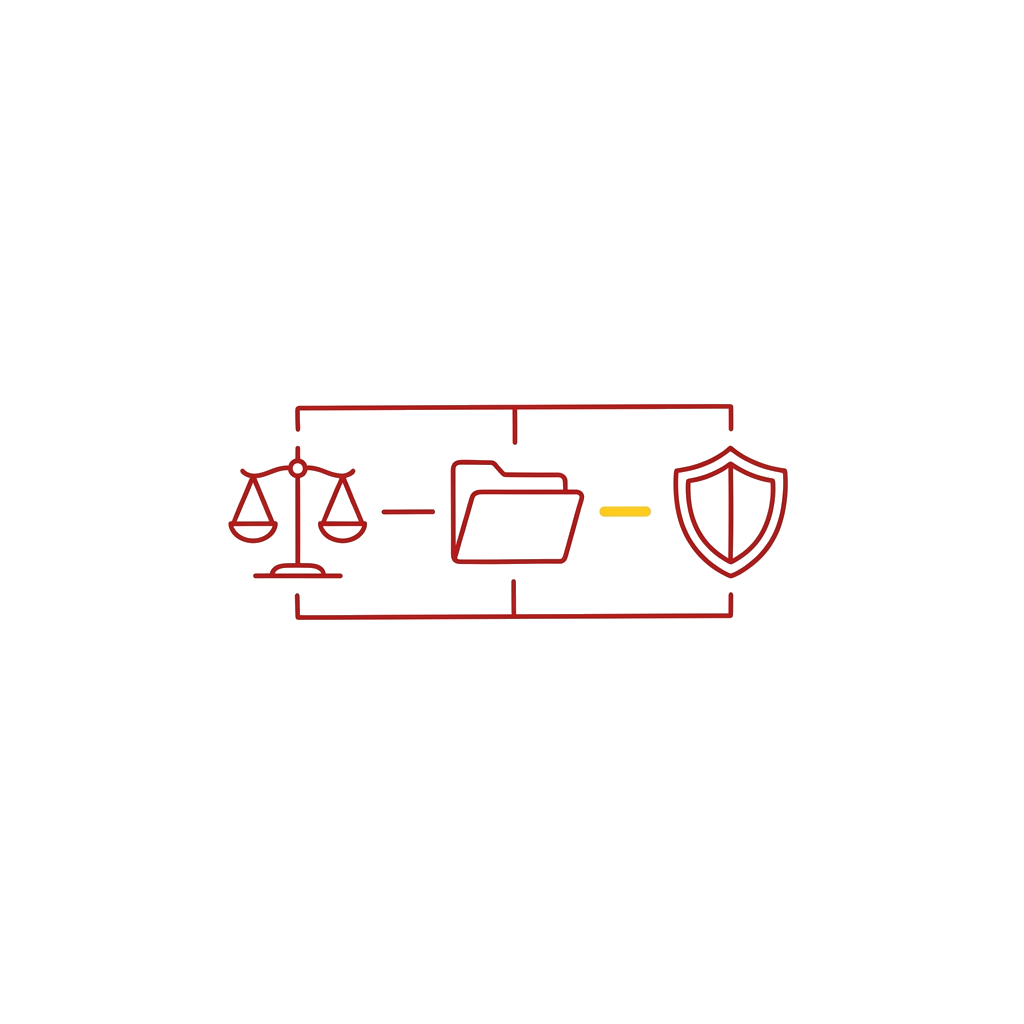 Minimalist red marker sketch of legal document flow and compliance portal on white background