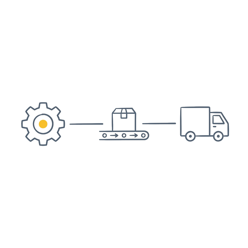 Minimalist slate-gray marker sketch of manufacturing assembly line and conveyor flow on white background