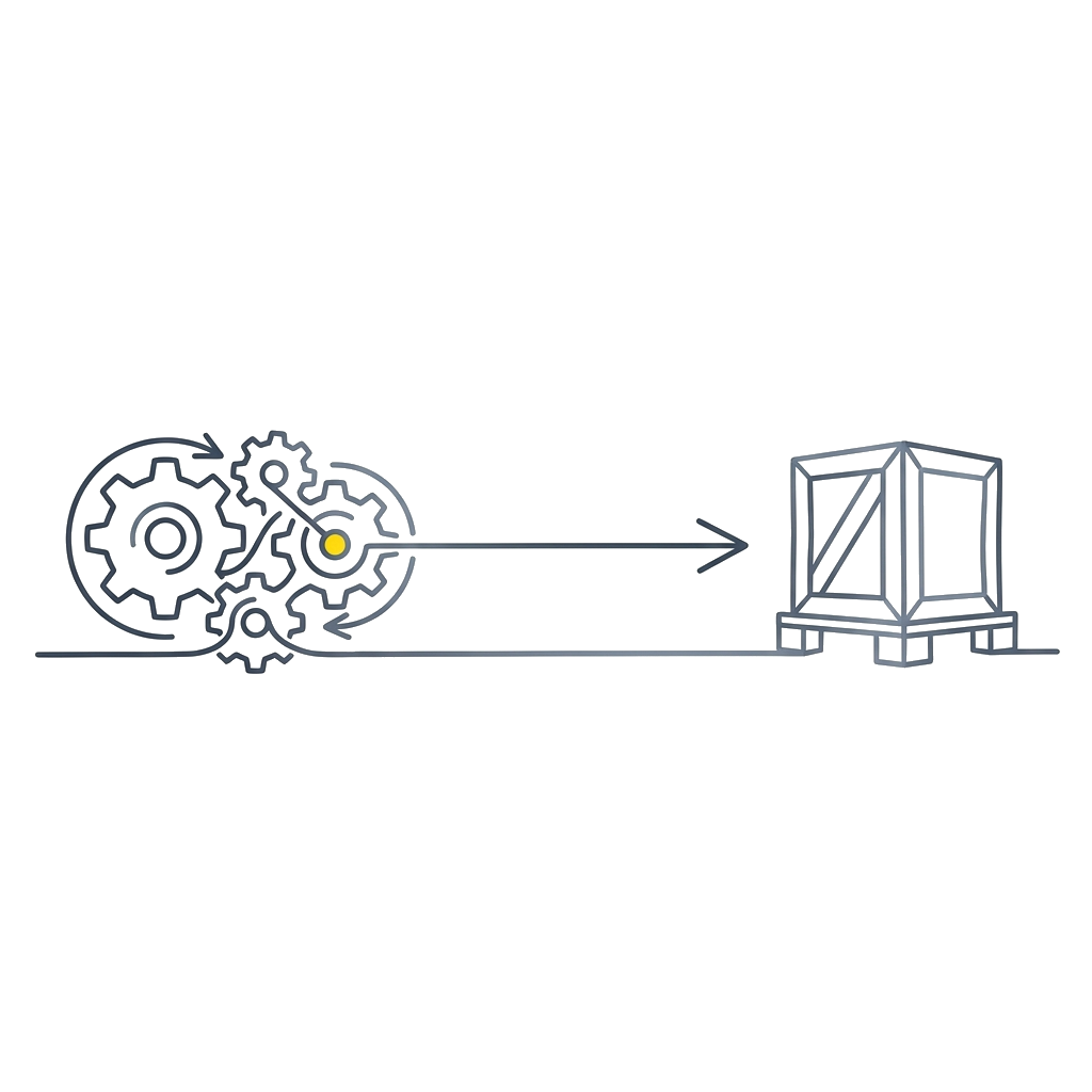 Minimalist slate-gray marker sketch of manufacturing production workflows and quality checklists on white background