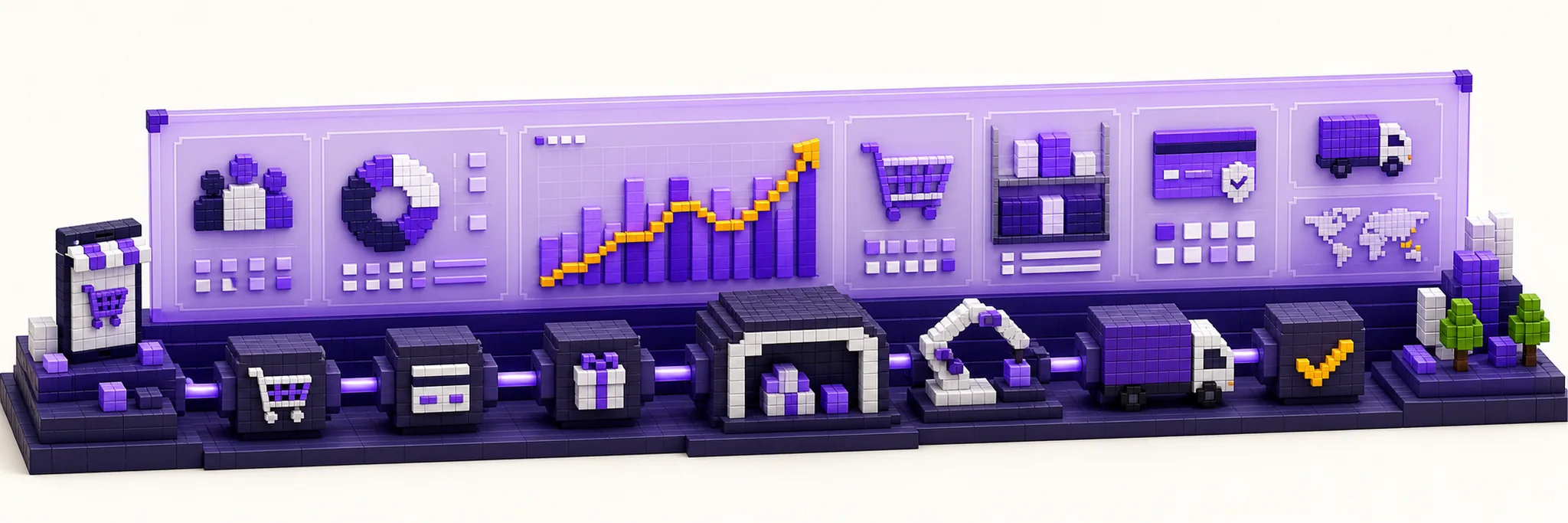 3D pixel-style e-commerce analytics dashboard and omnichannel workflow