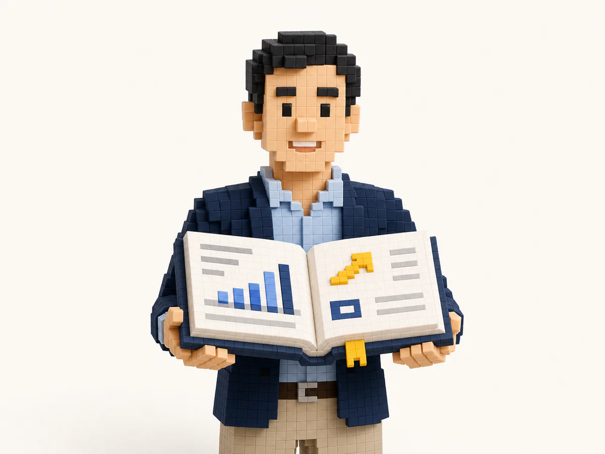 3D pixel advisor holding a free AI guide