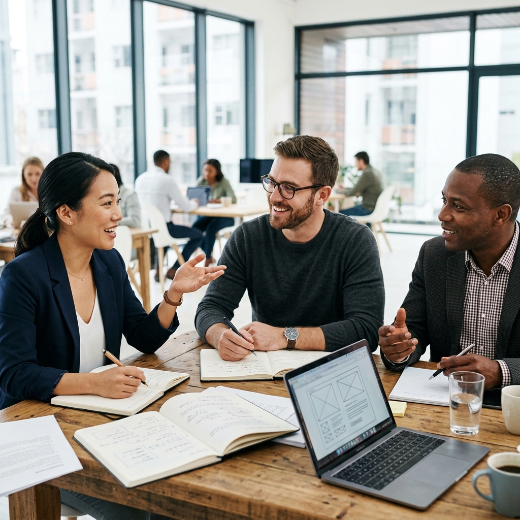 Kollaboratives Arbeiten in kleinen Gruppen während eines KI-Halbtages-Workshops