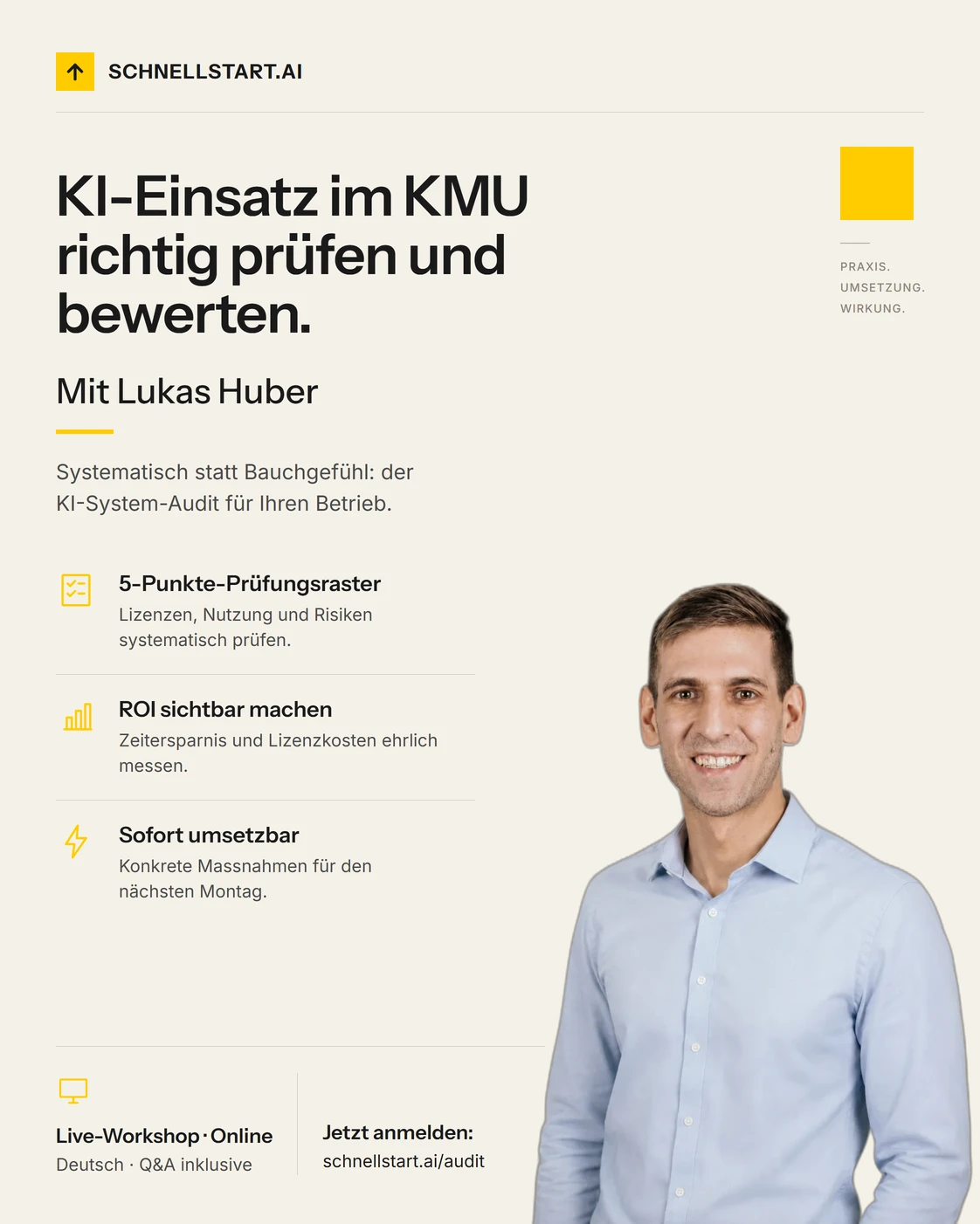 KI-System-Audit für Schweizer KMU: kostenloser Online-Workshop mit Lukas Huber, schnellstart.ai